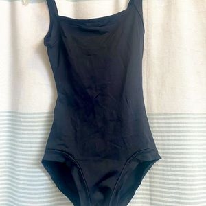 Natalie black medium strap mesh dance leotard Size Petite Adult.